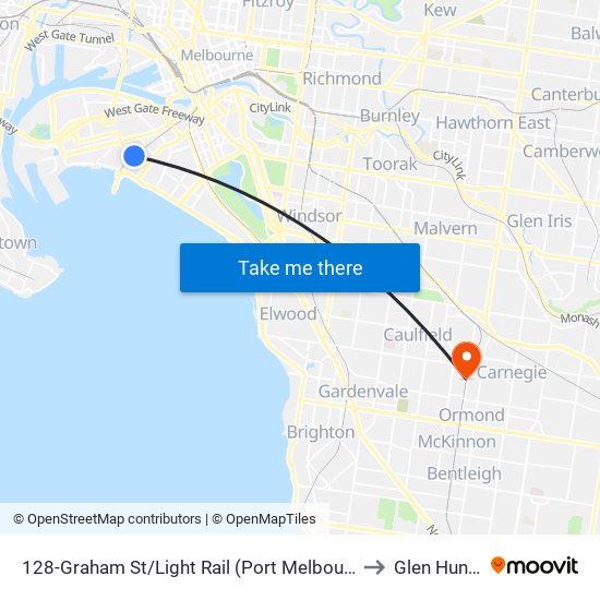 128-Graham St/Light Rail (Port Melbourne) to Glen Huntly map