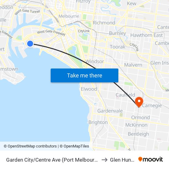 Garden City/Centre Ave (Port Melbourne) to Glen Huntly map