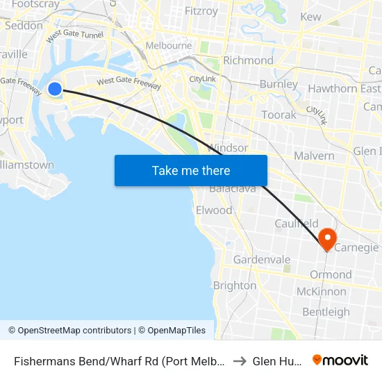 Fishermans Bend/Wharf Rd to Glen Huntly map