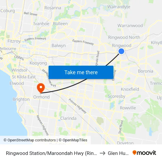 Ringwood Station/Maroondah Hwy to Glen Huntly map