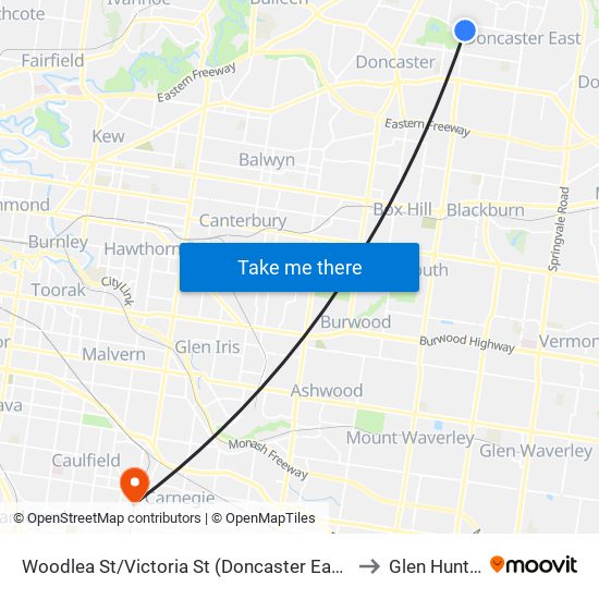 Woodlea St/Victoria St (Doncaster East) to Glen Huntly map