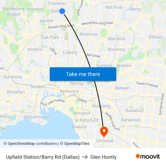 Upfield Station/Barry Rd to Glen Huntly map