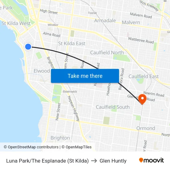 Luna Park/The Esplanade to Glen Huntly map