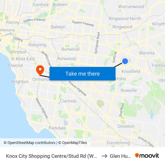 Knox City Shopping Centre/Stud Rd (Wantirna) to Glen Huntly map