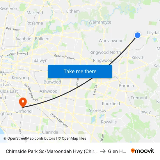Chirnside Park Sc/Maroondah Hwy to Glen Huntly map