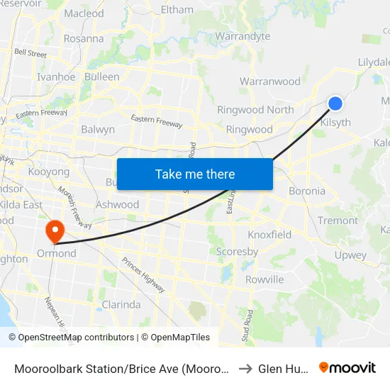 Mooroolbark Station/Brice Ave to Glen Huntly map