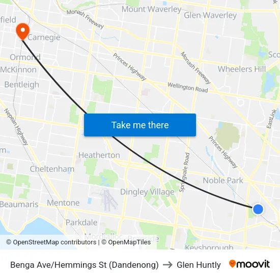 Benga Ave/Hemmings St to Glen Huntly map