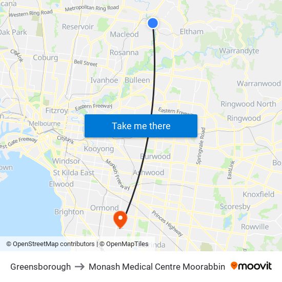 Greensborough to Monash Medical Centre Moorabbin map