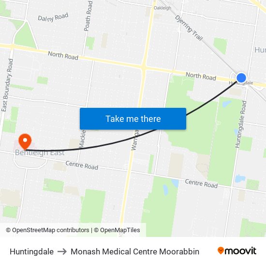 Huntingdale to Monash Medical Centre Moorabbin map