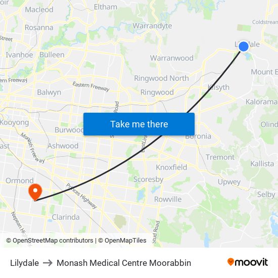 Lilydale to Monash Medical Centre Moorabbin map