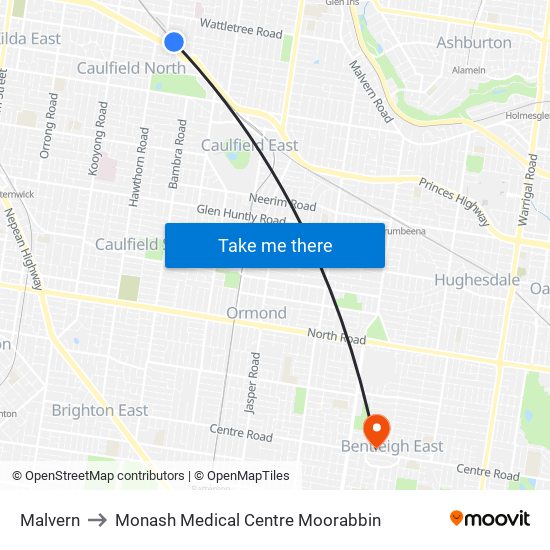 Malvern to Monash Medical Centre Moorabbin map