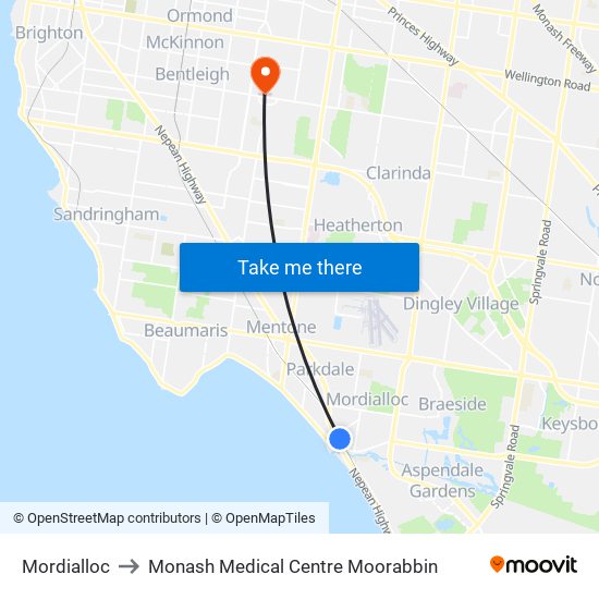 Mordialloc to Monash Medical Centre Moorabbin map