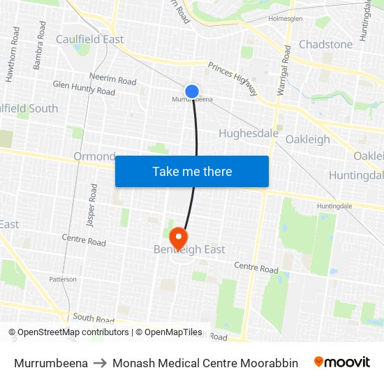 Murrumbeena to Monash Medical Centre Moorabbin map