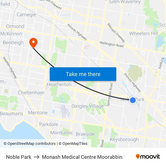 Noble Park to Monash Medical Centre Moorabbin map