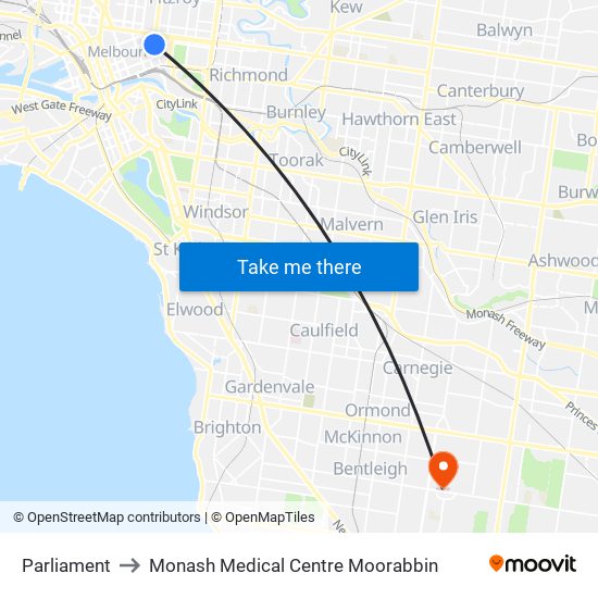 Parliament to Monash Medical Centre Moorabbin map