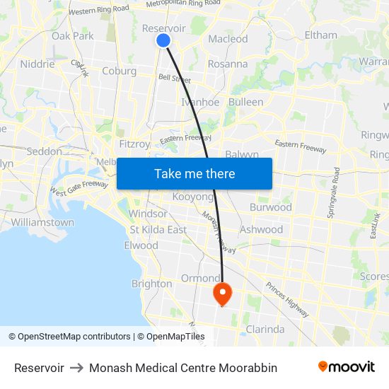 Reservoir to Monash Medical Centre Moorabbin map