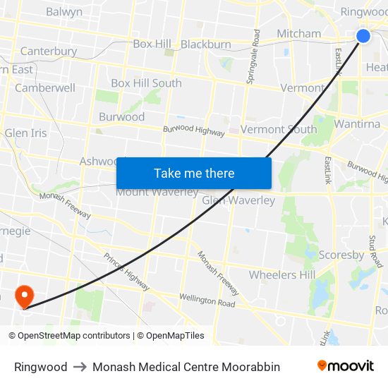 Ringwood to Monash Medical Centre Moorabbin map