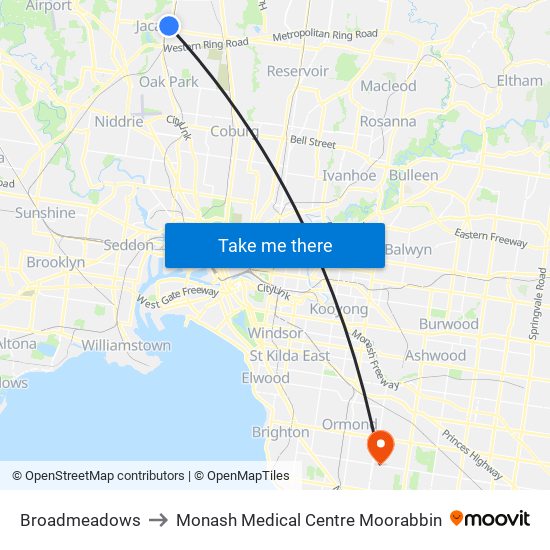 Broadmeadows to Monash Medical Centre Moorabbin map