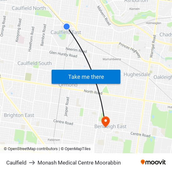 Caulfield to Monash Medical Centre Moorabbin map