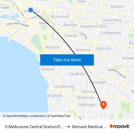 5-Melbourne Central Station/Elizabeth St (Melbourne City) to Monash Medical Centre Moorabbin map