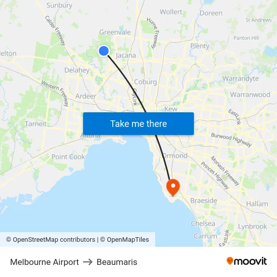 Melbourne Airport to Beaumaris map
