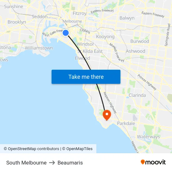 South Melbourne to Beaumaris map