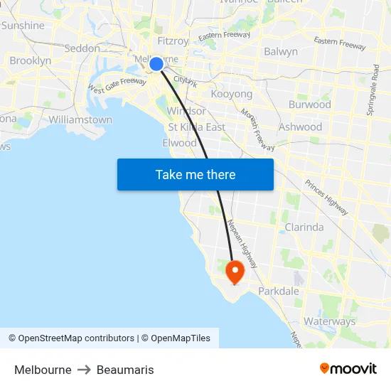 Melbourne to Beaumaris map