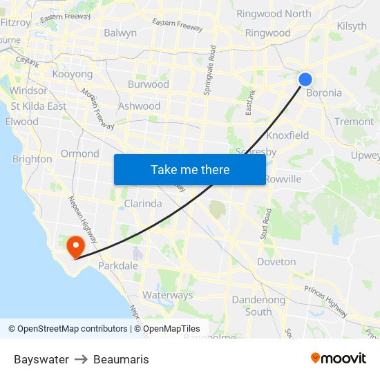 Bayswater to Beaumaris map