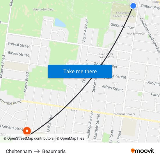 Cheltenham to Beaumaris map