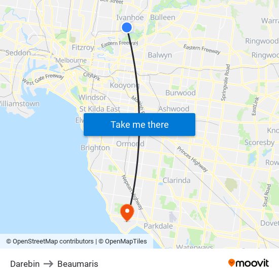 Darebin to Beaumaris map