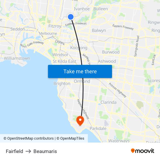 Fairfield to Beaumaris map