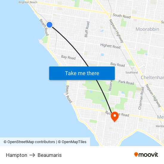 Hampton to Beaumaris map