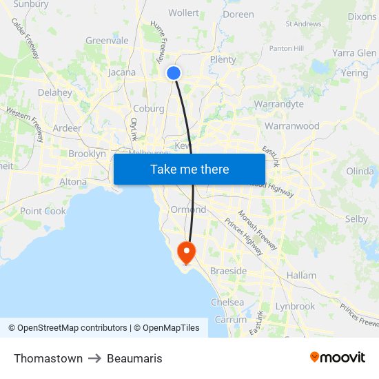 Thomastown to Beaumaris map