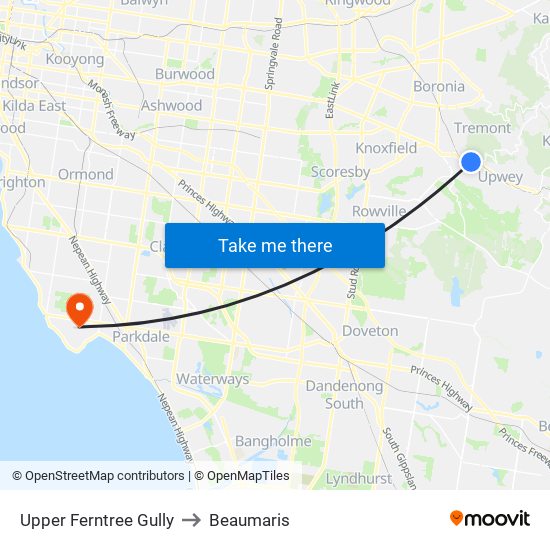 Upper Ferntree Gully to Beaumaris map