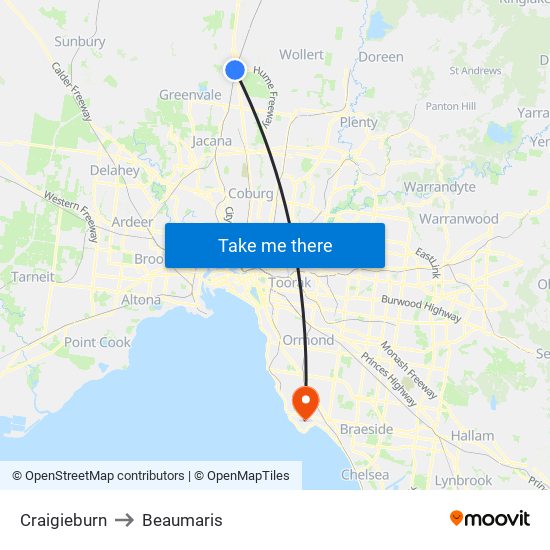 Craigieburn to Beaumaris map