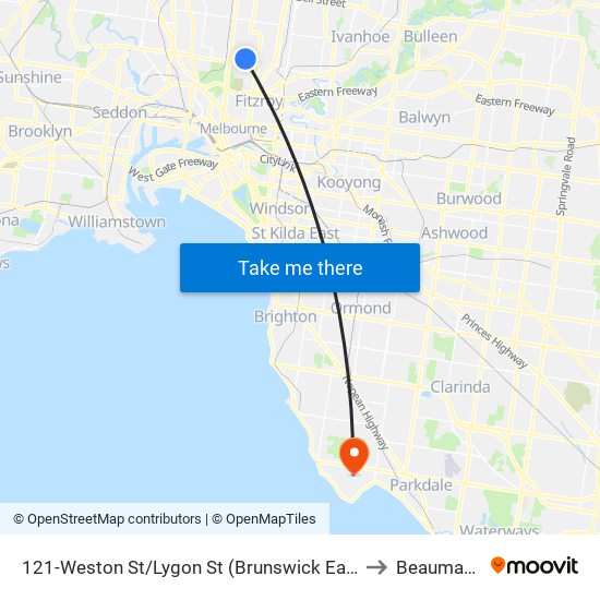 121-Weston St/Lygon St (Brunswick East) to Beaumaris map