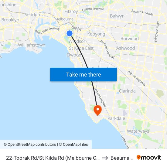 22-Toorak Rd/St Kilda Rd (Melbourne City) to Beaumaris map