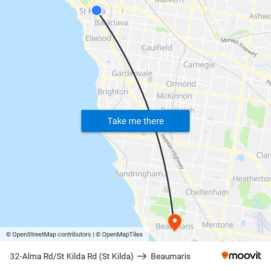 32-Alma Rd/St Kilda Rd (St Kilda) to Beaumaris map