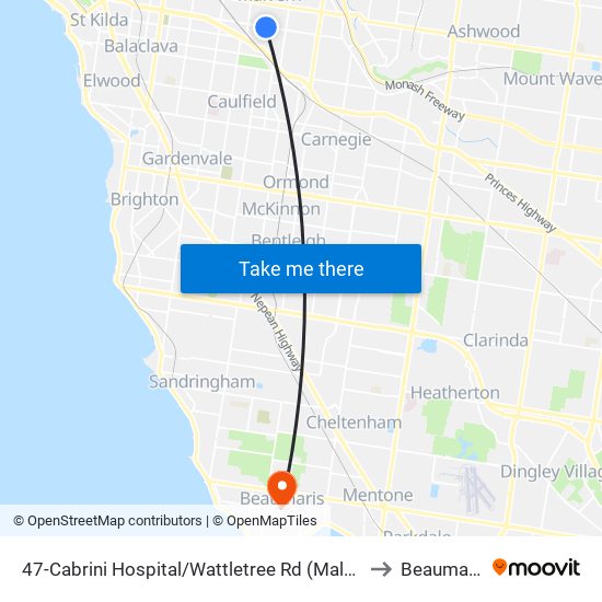 47-Cabrini Hospital/Wattletree Rd (Malvern) to Beaumaris map