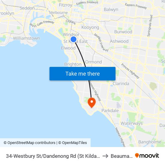 34-Westbury St/Dandenong Rd (St Kilda East) to Beaumaris map