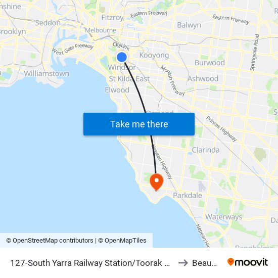 127-South Yarra Railway Station/Toorak Rd (South Yarra) to Beaumaris map