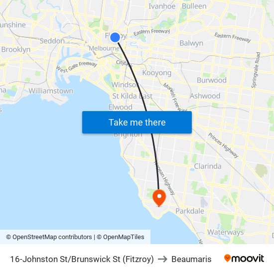 16-Johnston St/Brunswick St (Fitzroy) to Beaumaris map