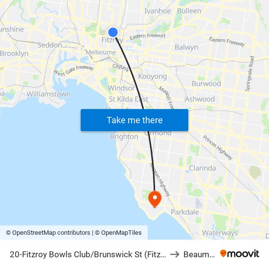 20-Fitzroy Bowls Club/Brunswick St (Fitzroy North) to Beaumaris map