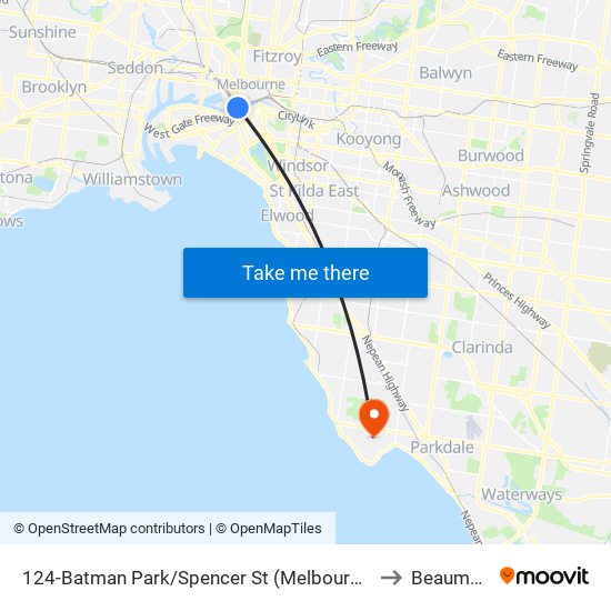 124-Batman Park/Spencer St (Melbourne City) to Beaumaris map