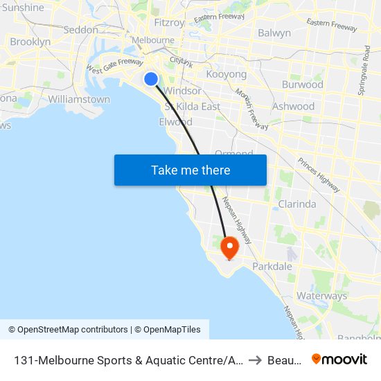 131-Melbourne Sports & Aquatic Centre/Albert Rd (Albert Park) to Beaumaris map