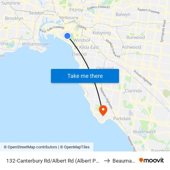 132-Canterbury Rd/Albert Rd (Albert Park) to Beaumaris map