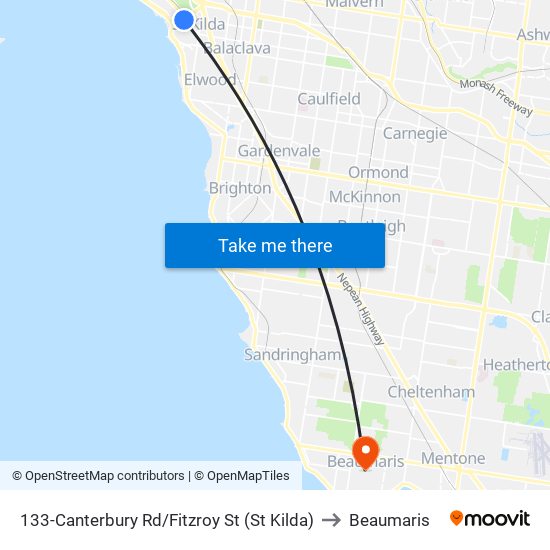 133-Canterbury Rd/Fitzroy St (St Kilda) to Beaumaris map