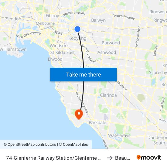 74-Glenferrie Railway Station/Glenferrie Rd (Hawthorn) to Beaumaris map