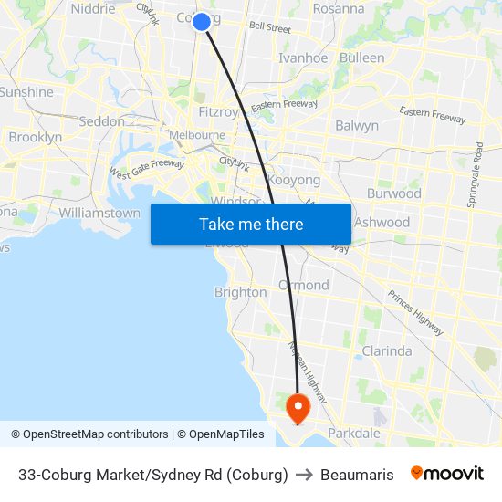 33-Coburg Market/Sydney Rd (Coburg) to Beaumaris map