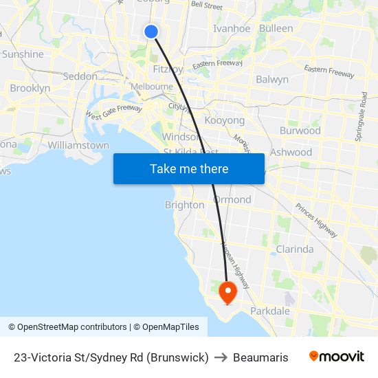 23-Victoria St/Sydney Rd (Brunswick) to Beaumaris map